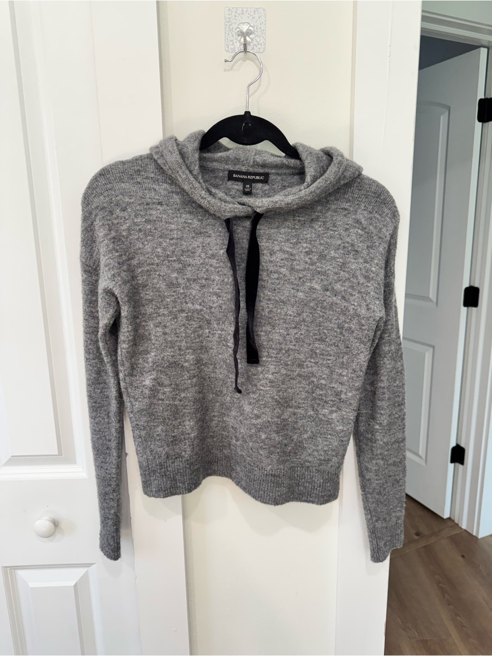Banana Republic Wool-Blend Gray Hooded Sweater with Velvet Drawstrings